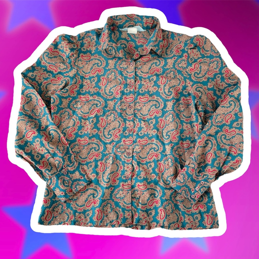 Vintage Paisley Long Sleeved Button Down Short Sleeved Collared Top Blue 80s Top